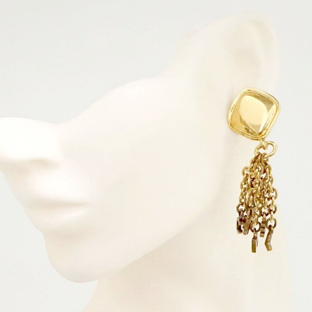 CHANEL CC Logos Fringe Dangle Clip-On Earrings Gold Tone Auth w/Box h1101 - Picture 1 of 7